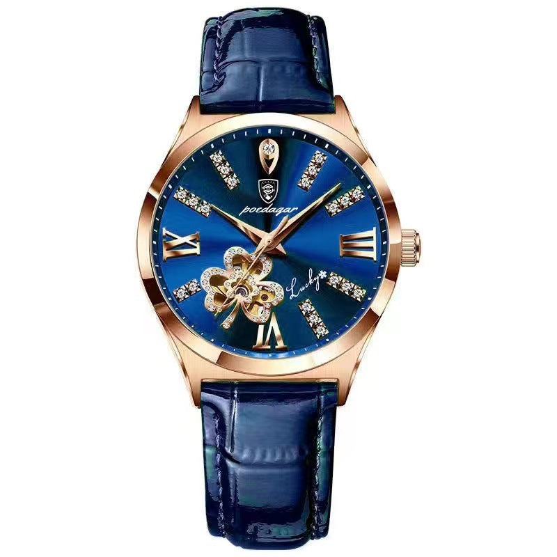Waterproof ladies watch calendar with elegant blue dial and rose gold accents, perfect for modern women.
