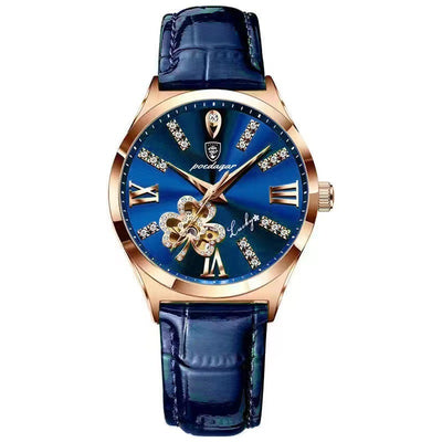 Waterproof ladies watch calendar with elegant blue dial and rose gold accents, perfect for modern women.