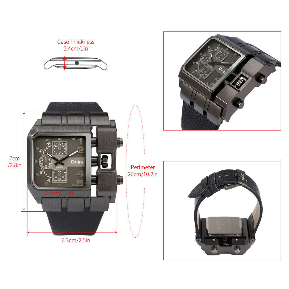 Men's large dial quartz watch set with black strap and unique square case design, perfect for everyday style.
