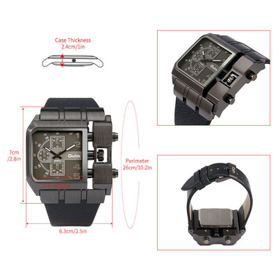 Men's large dial quartz watch set with black strap and unique square case design, perfect for everyday style.
