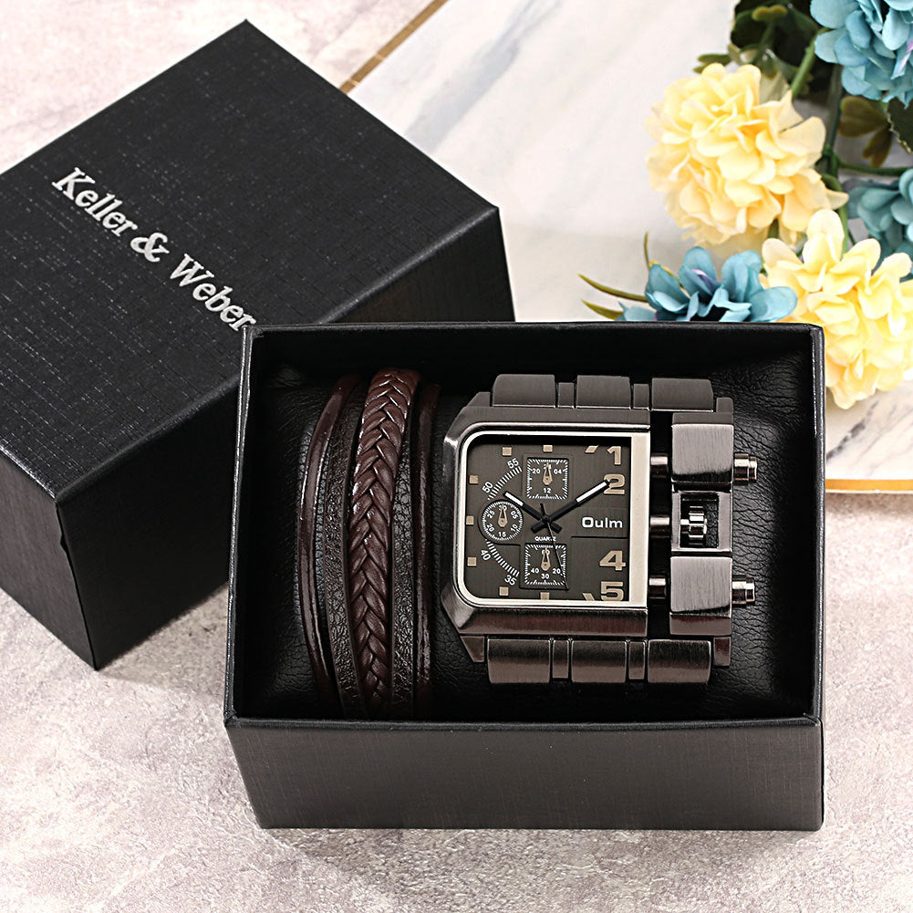 Men's large dial quartz watch set displayed in a stylish black box with a leather bracelet.