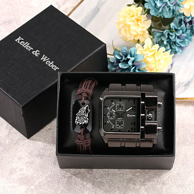 Men's large dial quartz watch set with bracelet in a stylish gift box by Keller & Weber.