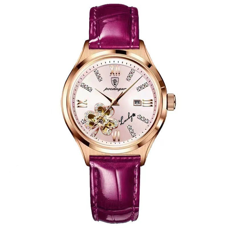 Waterproof ladies watch calendar with elegant pink dial and purple strap, showcasing stylish design and functionality.