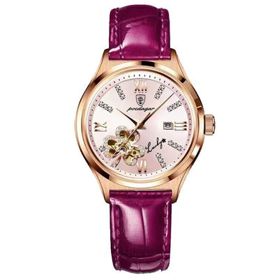 Waterproof ladies watch calendar with elegant pink dial and purple strap, showcasing stylish design and functionality.