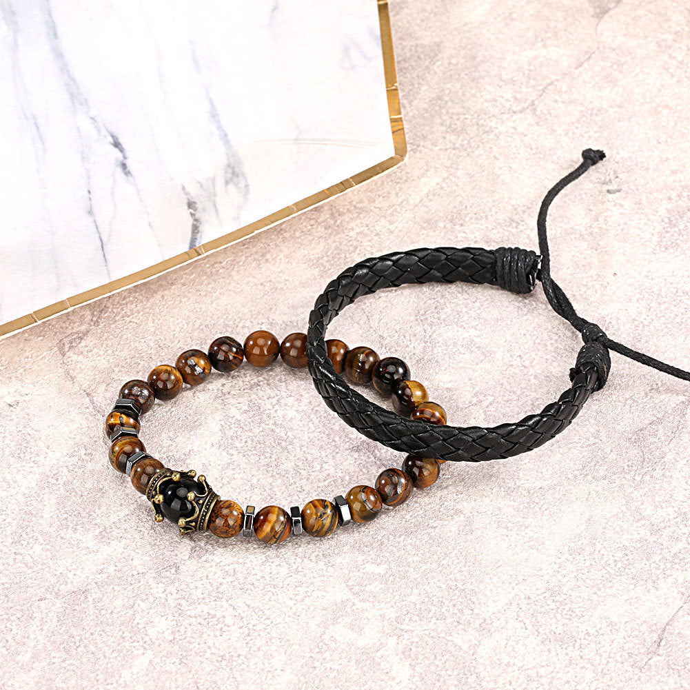 Men's large dial quartz watch set includes stylish bracelet and tiger's eye beads, ideal for confident everyday wear.