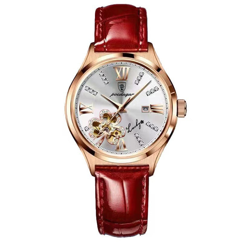 Waterproof Ladies Watch Calendar Korean Version with silver dial and red leather strap.
